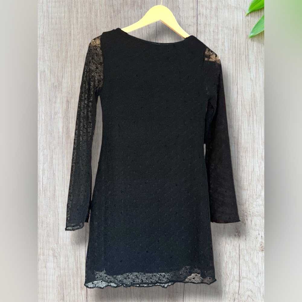 Black Long-Sleeve Lace-Trim Mini Dress Size S